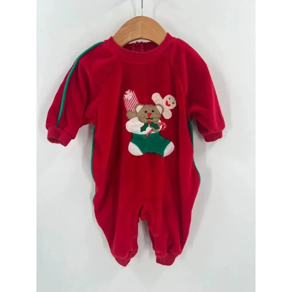 Vintage Betti Terell 3M Baby Sleeper Red‎ Velour Bear Gingerbread Holiday Zip-Up